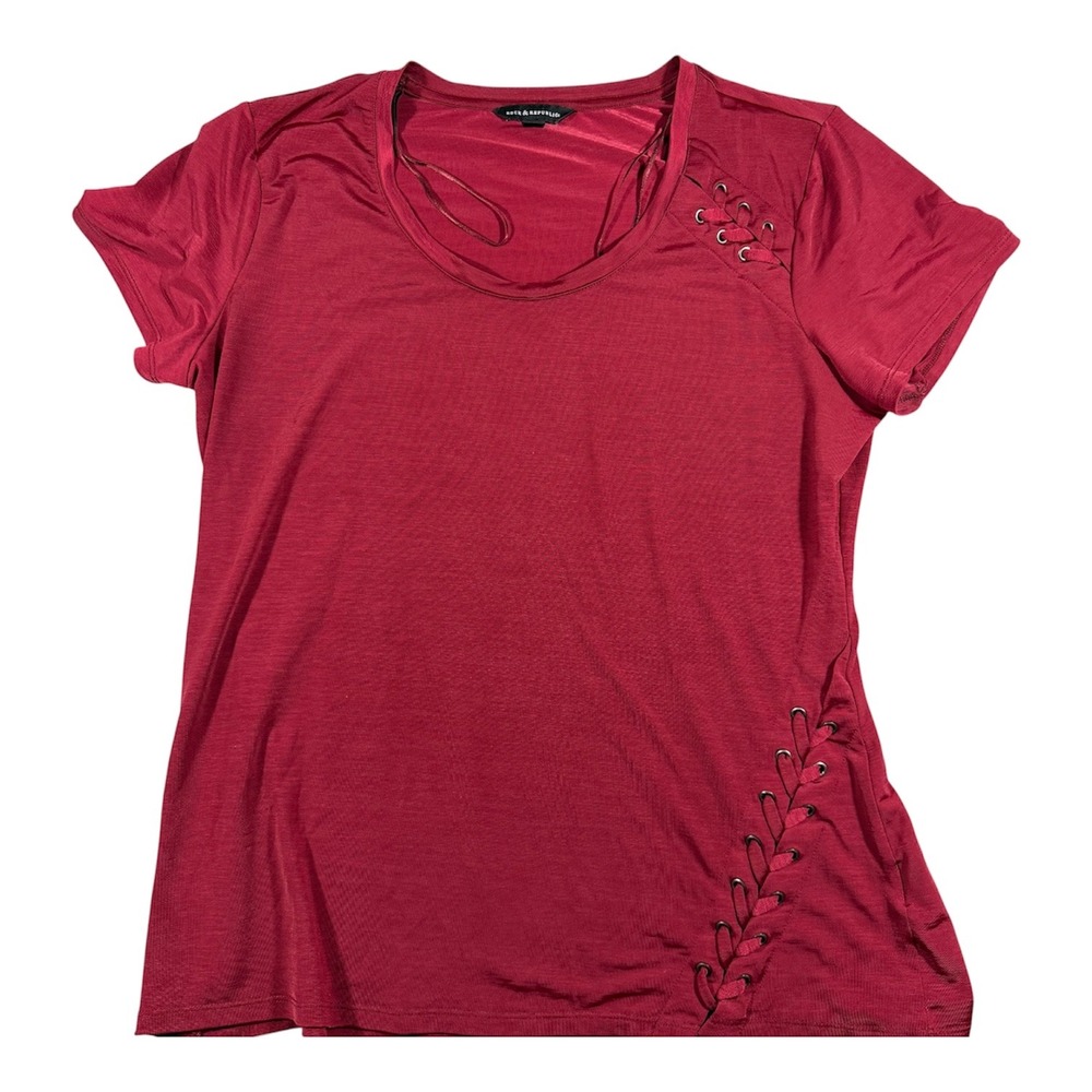 Rock & Republic Top Women XL Burgundy Lace Up Grommet Short Sleeve Scoop Neck